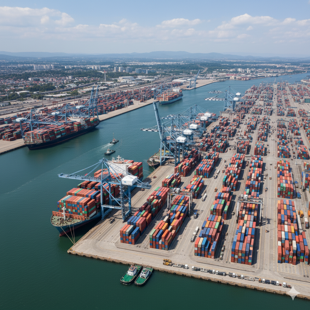 Busy port with multiple vessel types